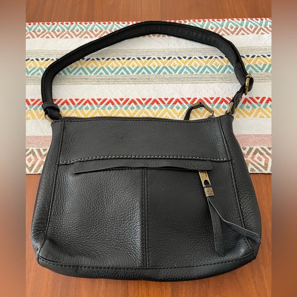 The Sak Small Black Leather Pebble Handbag Zipper Top Adjustable Strap Brass - Picture 2 of 10